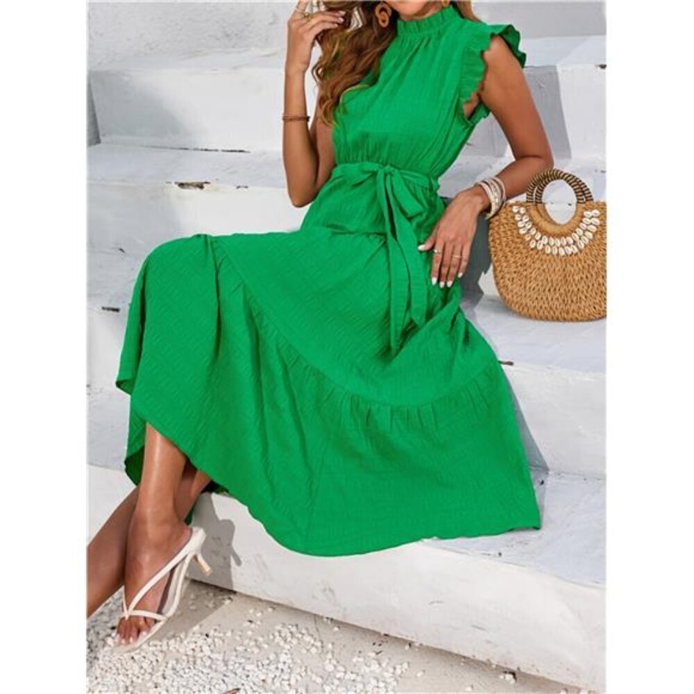 Frill Mock Neck Ruffled Cap Sleeve Midi Dress - Picture 5 of 15